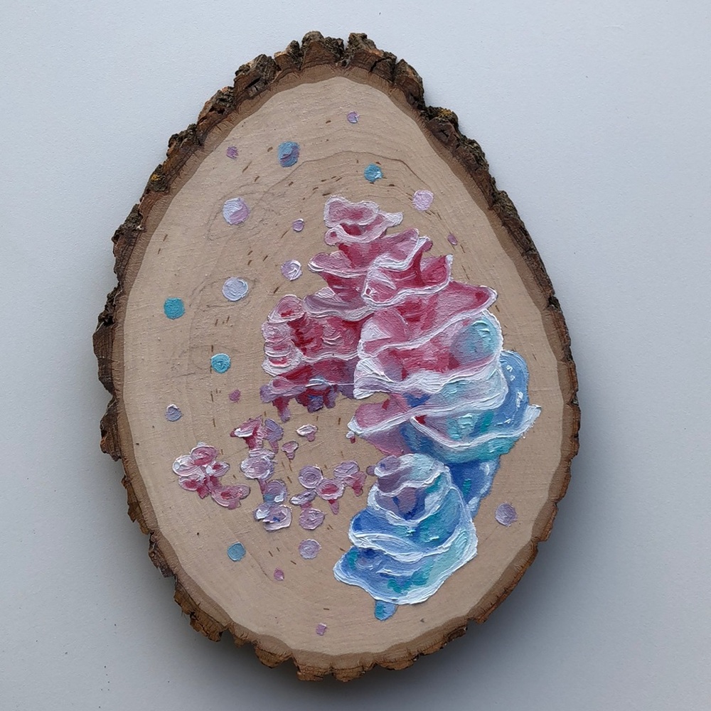 Oil painting of colorful mushroom fungus on wood